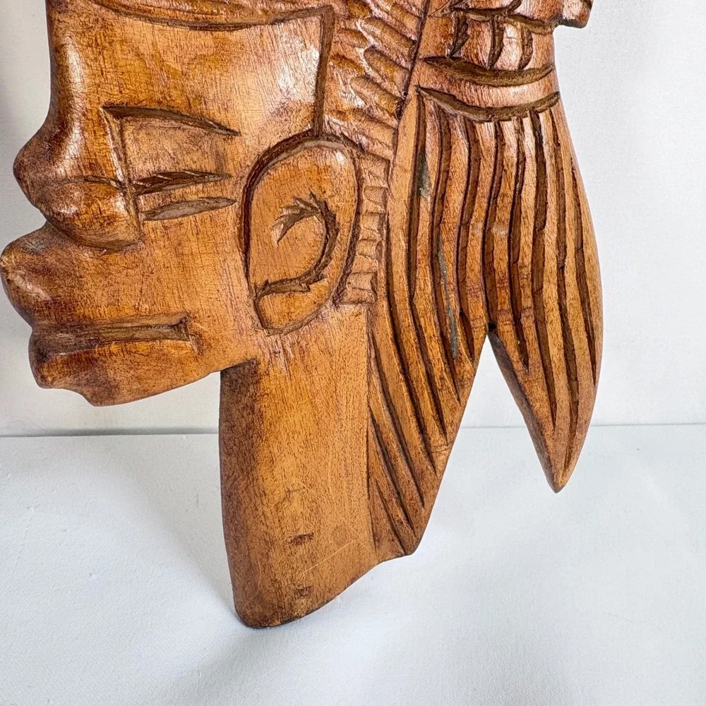 Vintage 70's Hand Carved Wood Wall Art Brown Pair Face Fish Tribal Folk Art MCM